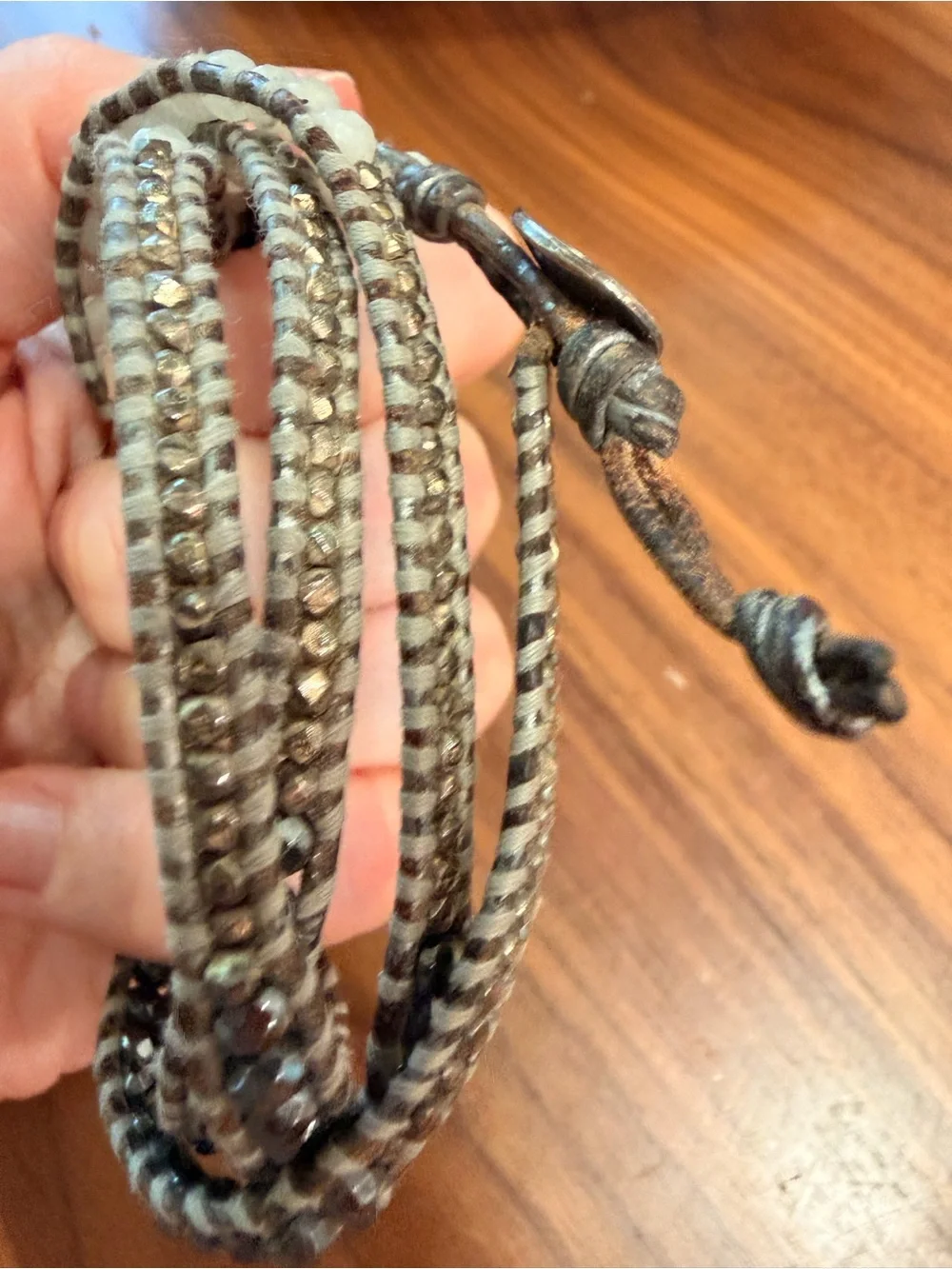 Chan Luu Wrap Bracelet Silver Tone and White Faceted Beads Gray and Brown